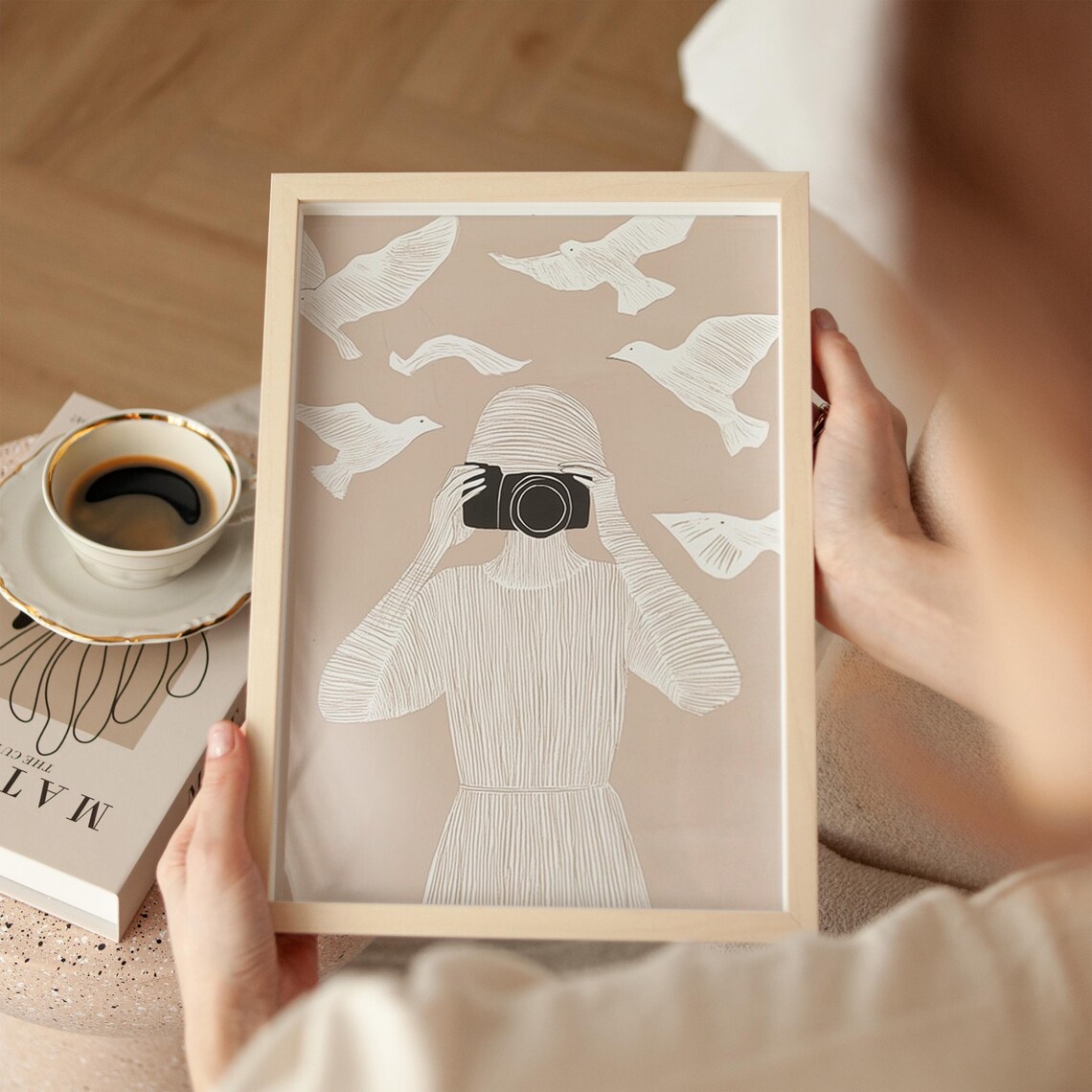 Woman With Camera and Flying Birds Minimalist Beige Line Art Poster