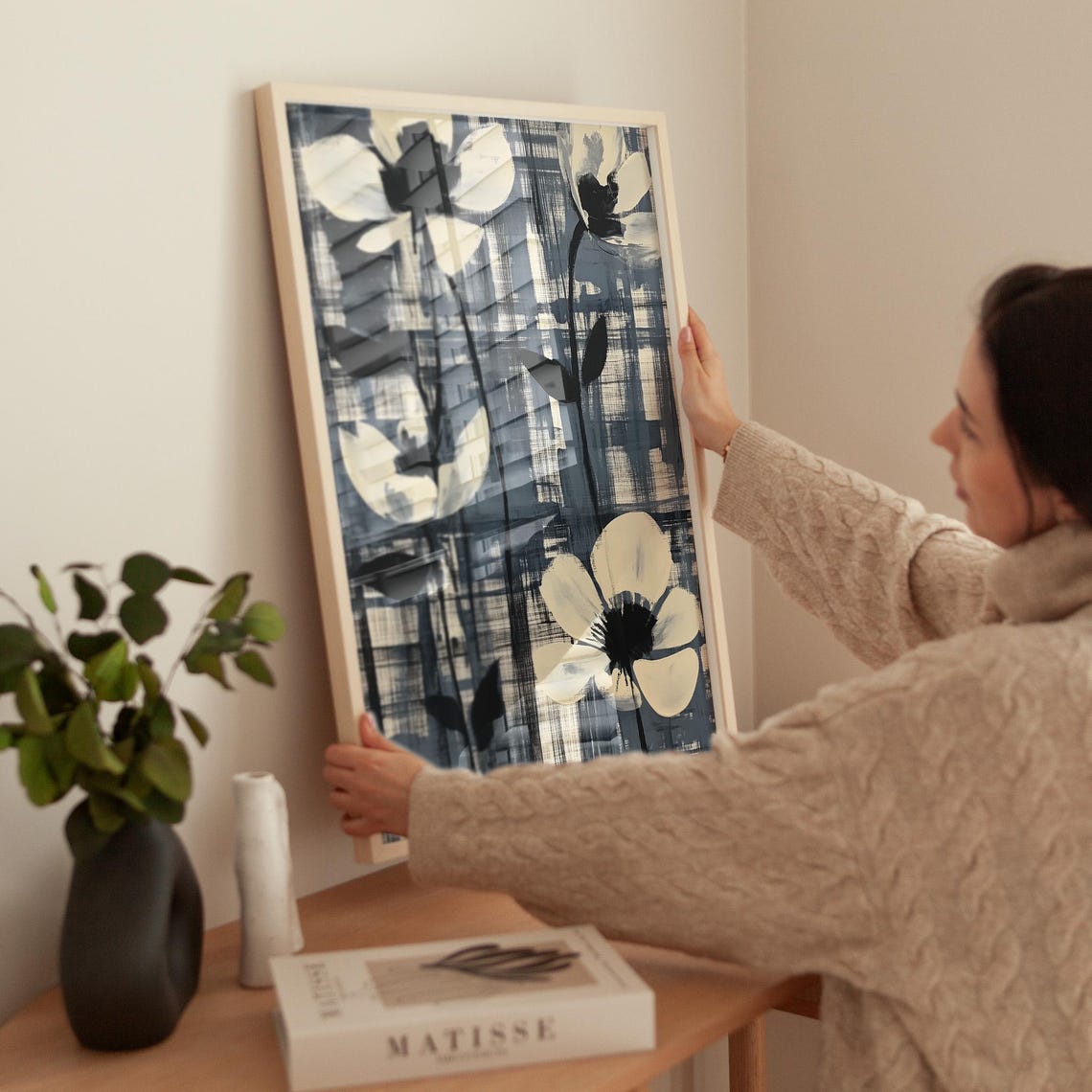 Monochrome White Flowers Abstract Grid Pattern Floral Wall Art - Image 3