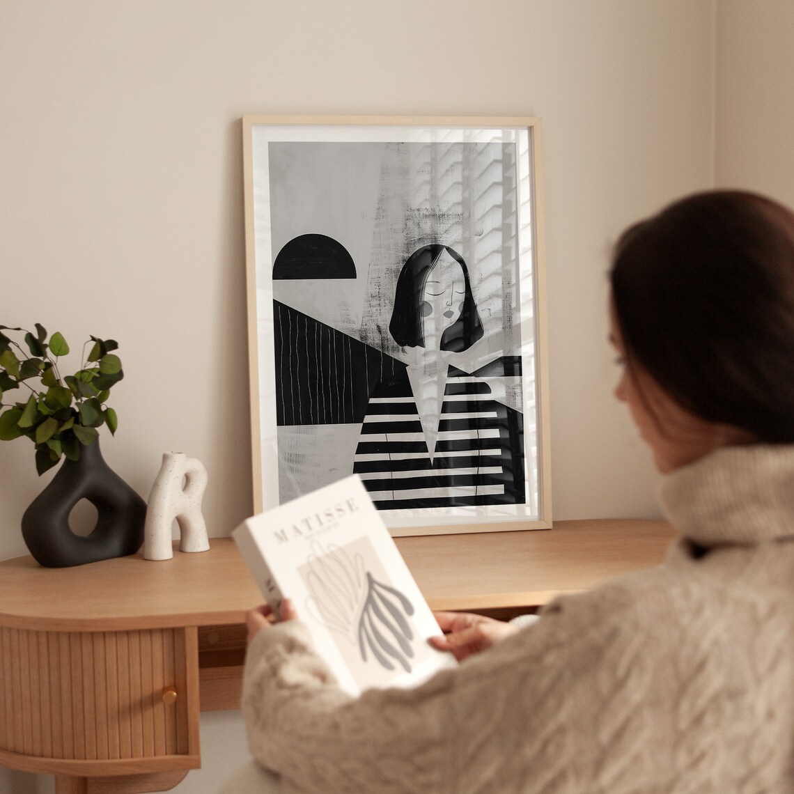 Abstract Woman In Striped Dress Geometric Black White Wall Art