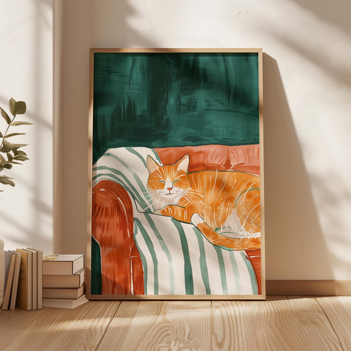 Sweet Sleeping Ginger Cat On Striped Blanket Cozy Cat Art Poster - Image 4