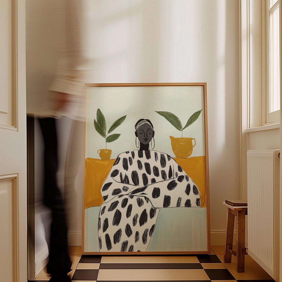 Woman In Dotted Robe Seated With Plants In Mustard Tones Art Poster - Image 3