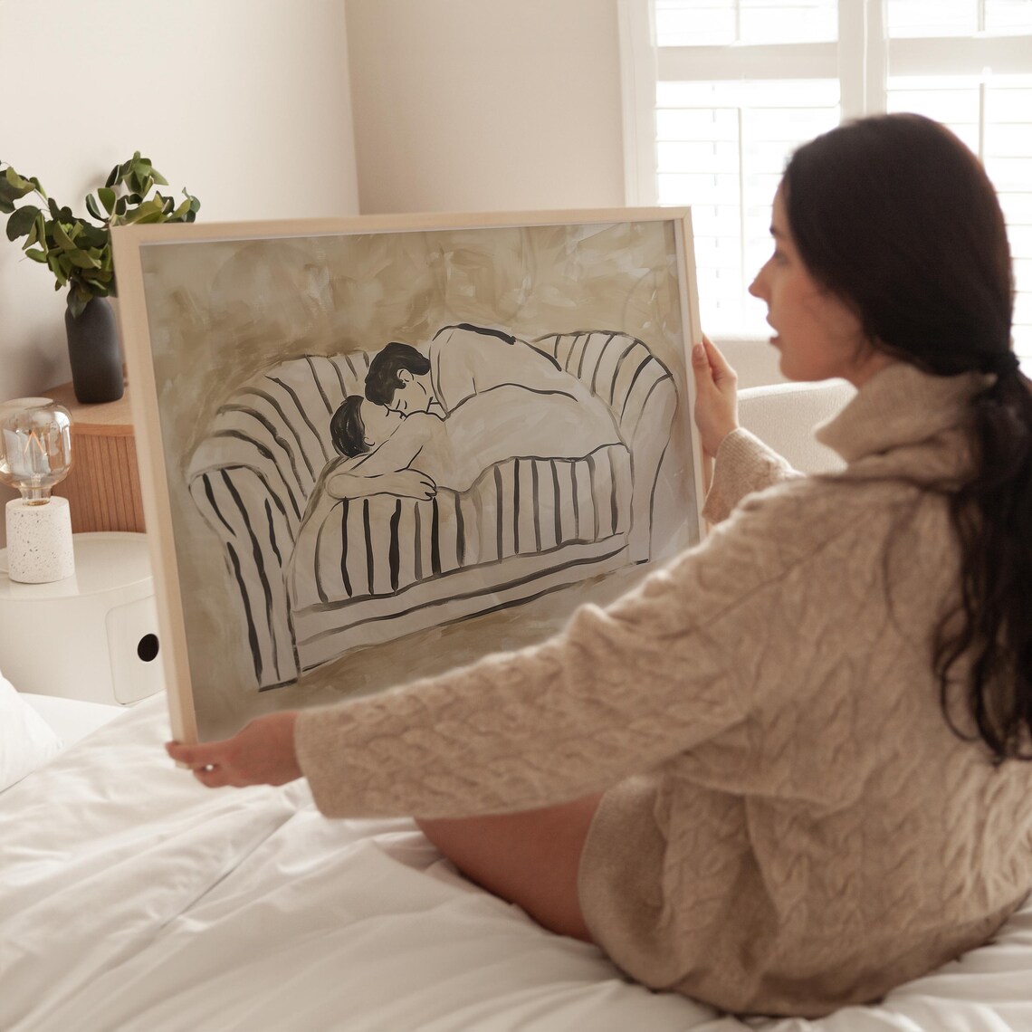 Couple Embracing on Striped Sofa Minimalist Ink Sketch Poster - Image 3