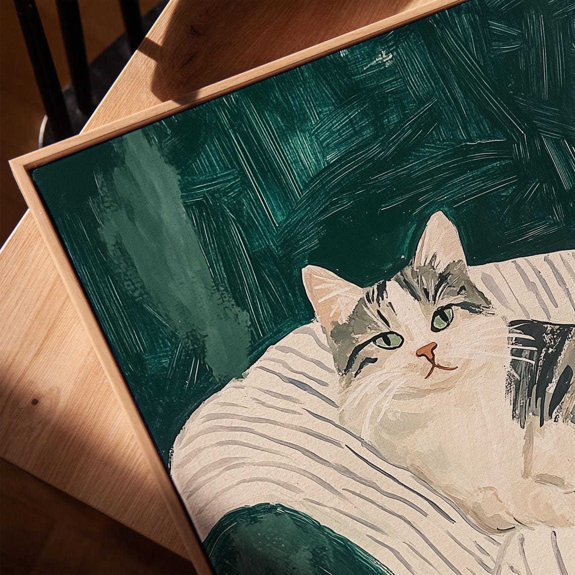 Cozy Tabby Cat Portrait On Striped Chair Green Whimsical Poster - Image 3