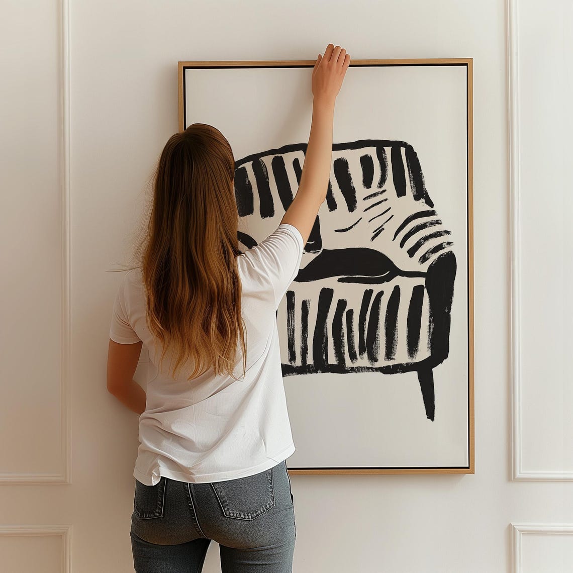 Black Cat On Striped Chair, Minimalist Art Print - Image 2