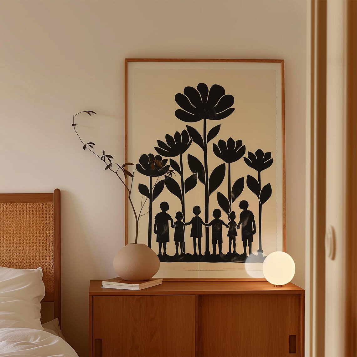 Children Holding Hands Beneath Giant Black Tulips Silhouette Poster - Image 4