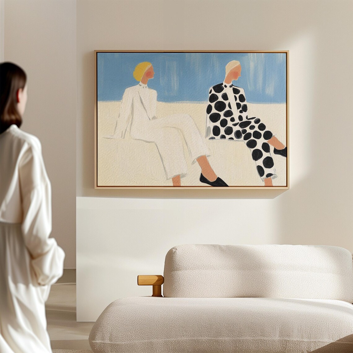 Two Seated Women in White and Polka Dots Against Blue Sky Poster - Image 4