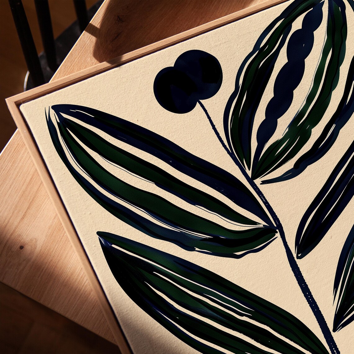 Tall Navy Blue Botanical Leaves on Cream Minimalist Art Poster - Image 4
