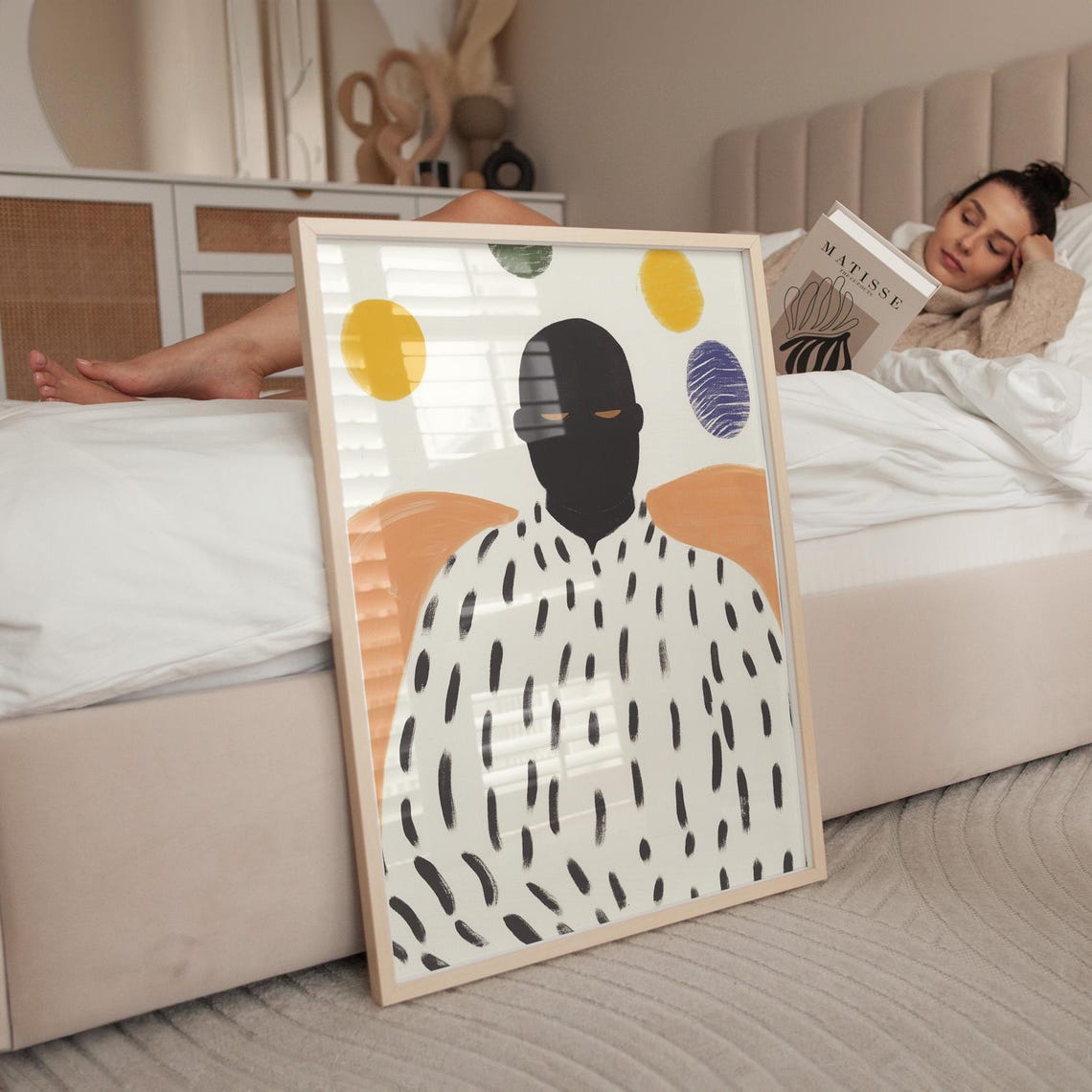 Black Silhouette Figure In Dotted Robe With Bright Circles Art Poster - Image 2