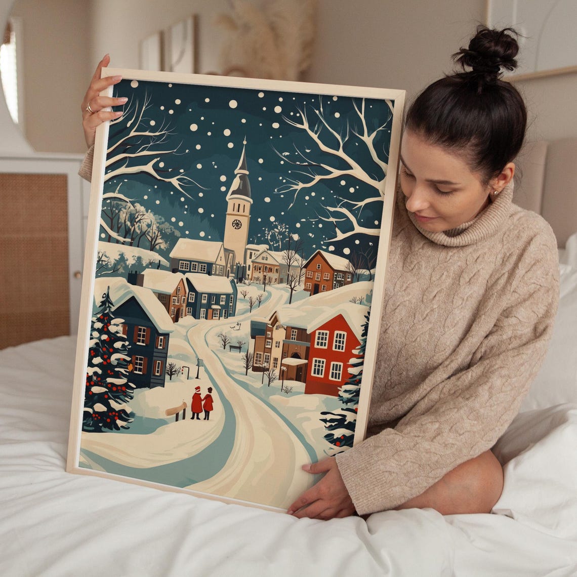 Stylized Snowy Village Church Tower Charming Winter Stroll Art Poster - Image 3