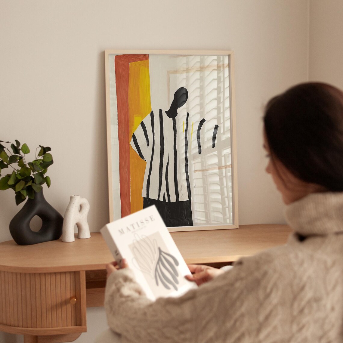 Abstract Figure in Striped Outfit, Minimalist Art Print