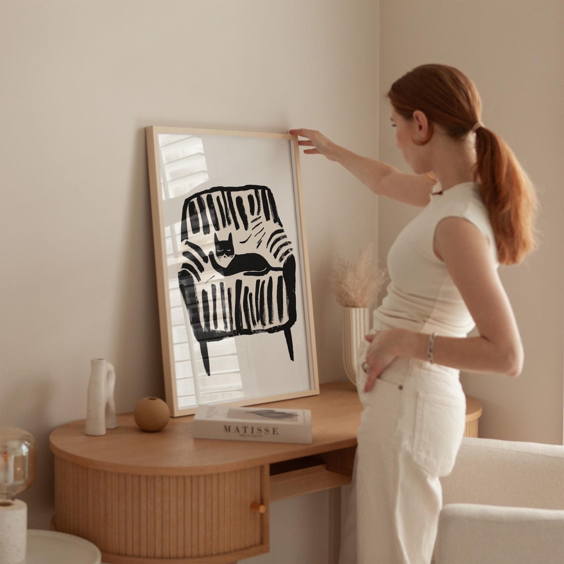 Black Cat On Striped Chair, Minimalist Art Print - Image 4