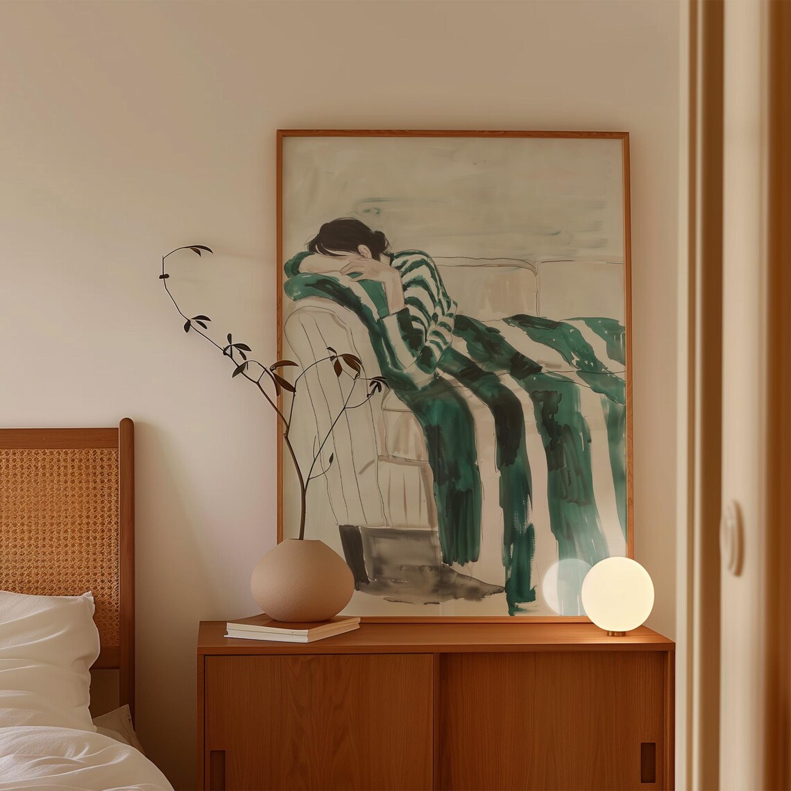 Emerald Green Abstract People, Minimalist Bedroom Art Print - Image 4
