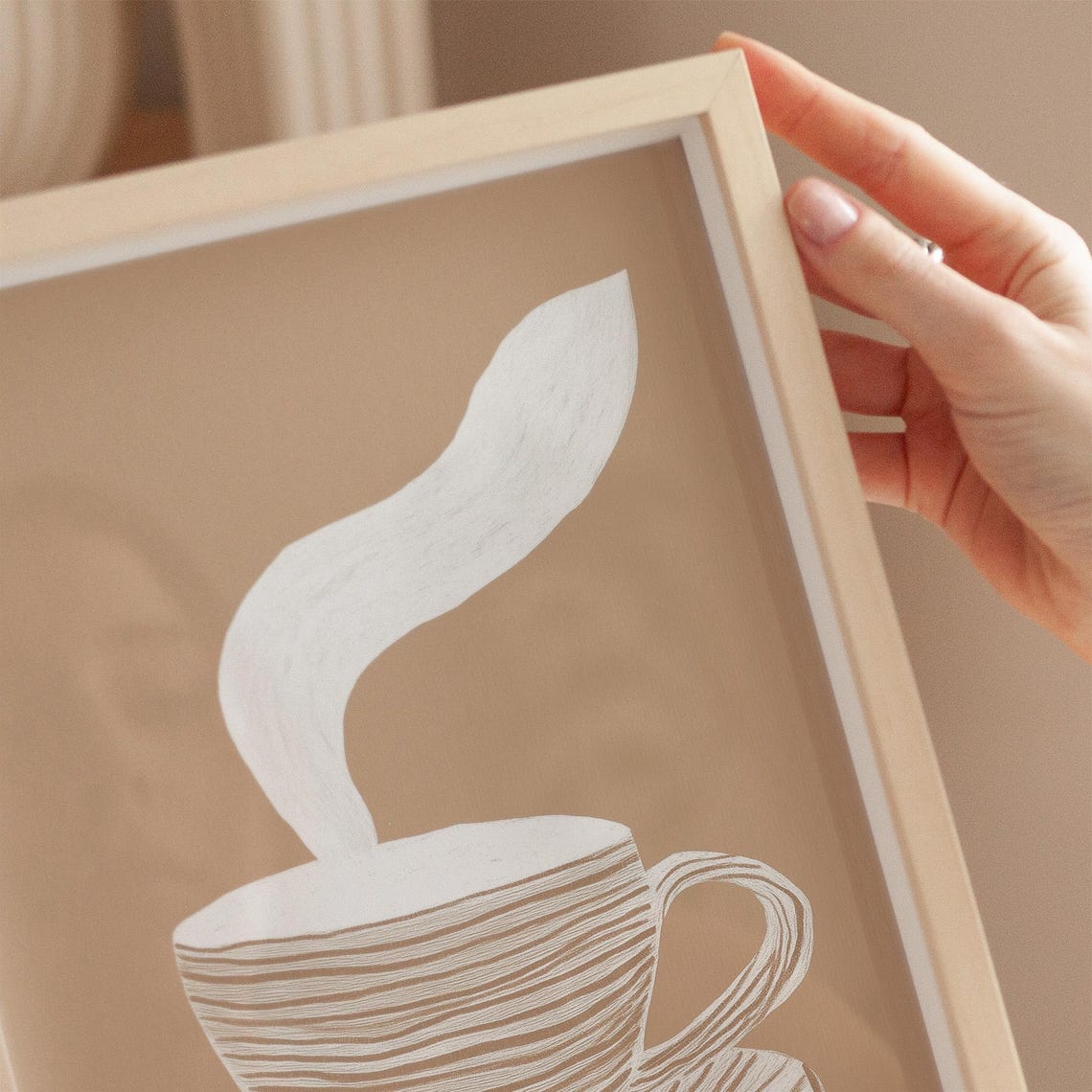 Minimalist Coffee Cup With Steam Beige Line Art Kitchen Decor Poster - Image 3