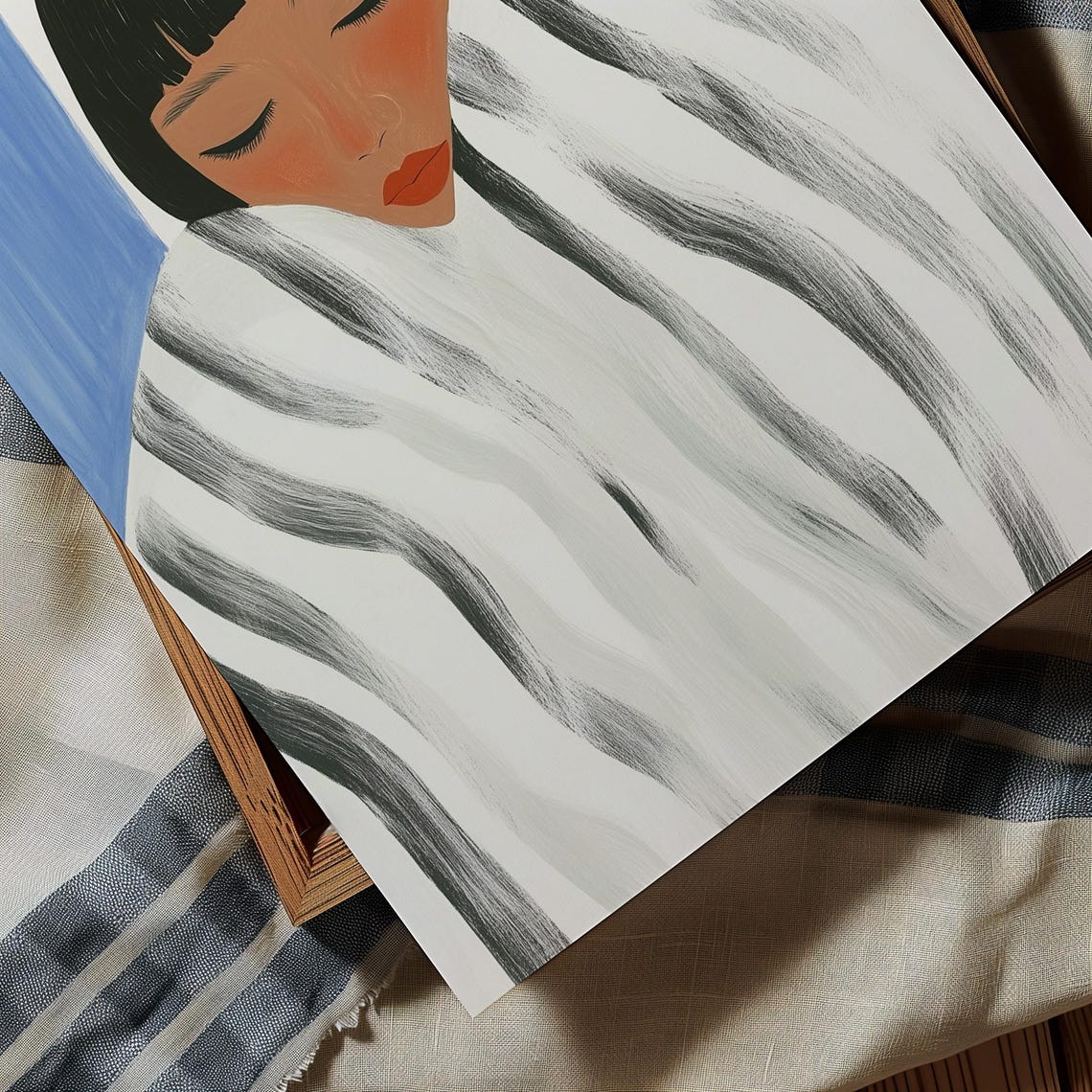 Peaceful Abstract Portrait Wrapped in a Striped Blanket Poster - Image 2