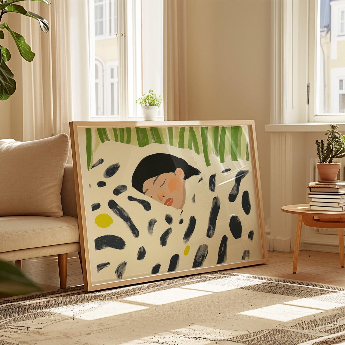 Sleeping Woman Under Patterned Blanket Green Stripes Above Poster - Image 3