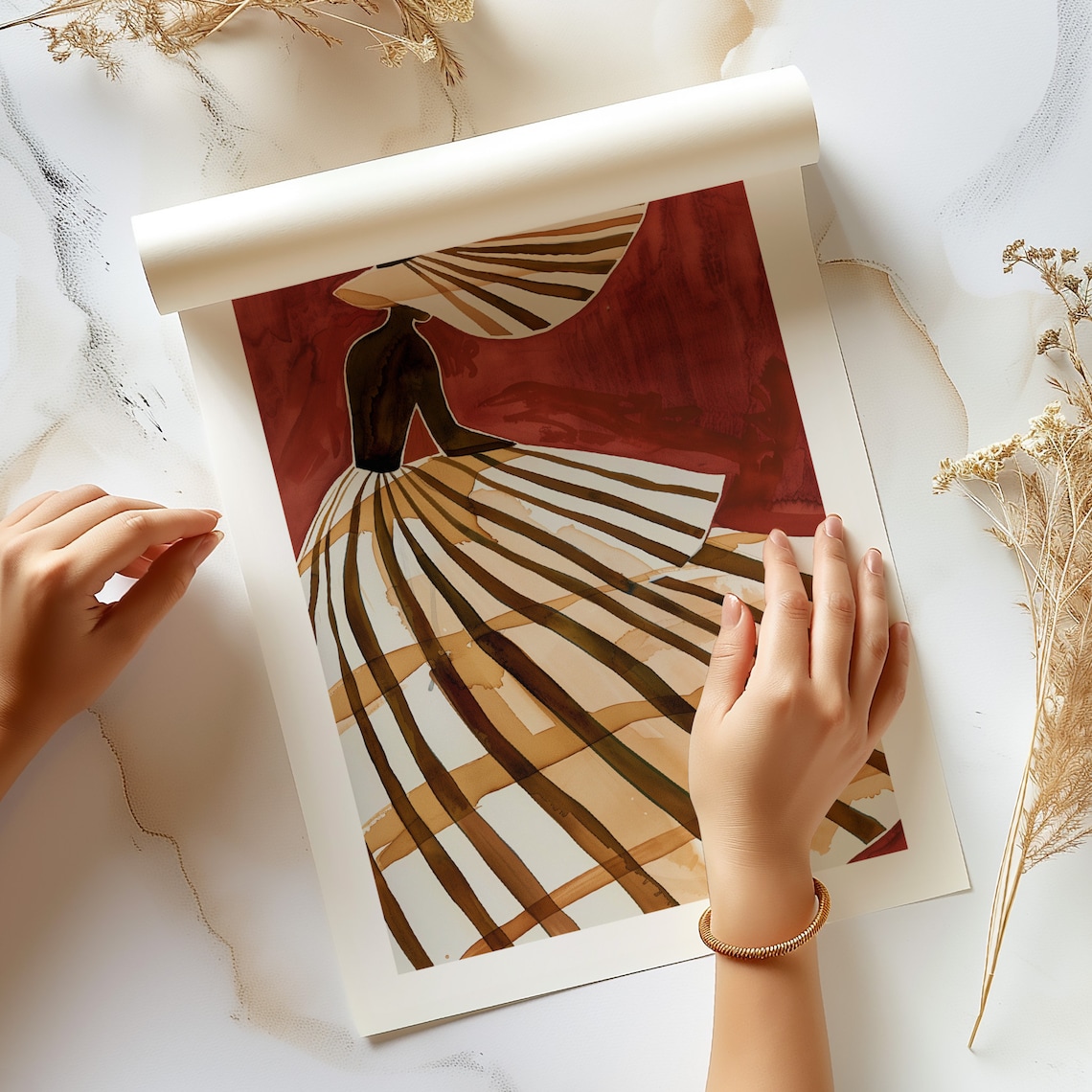 Modern Abstract Woman Portrait Wide Brimmed Hat Striped Poster - Image 3