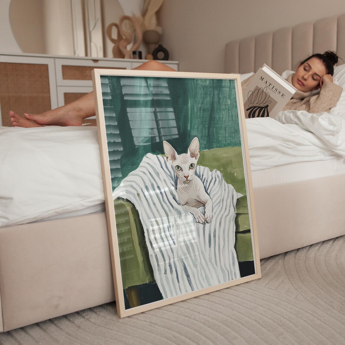 Sphynx Cat Oil Painting White Cat on Striped Blanket Green Art Poster - Image 2