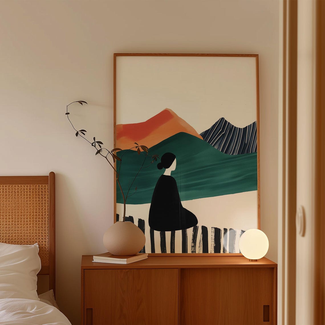 Minimalist Woman Before Colorful Abstract Mountain Peaks Poster - Image 3