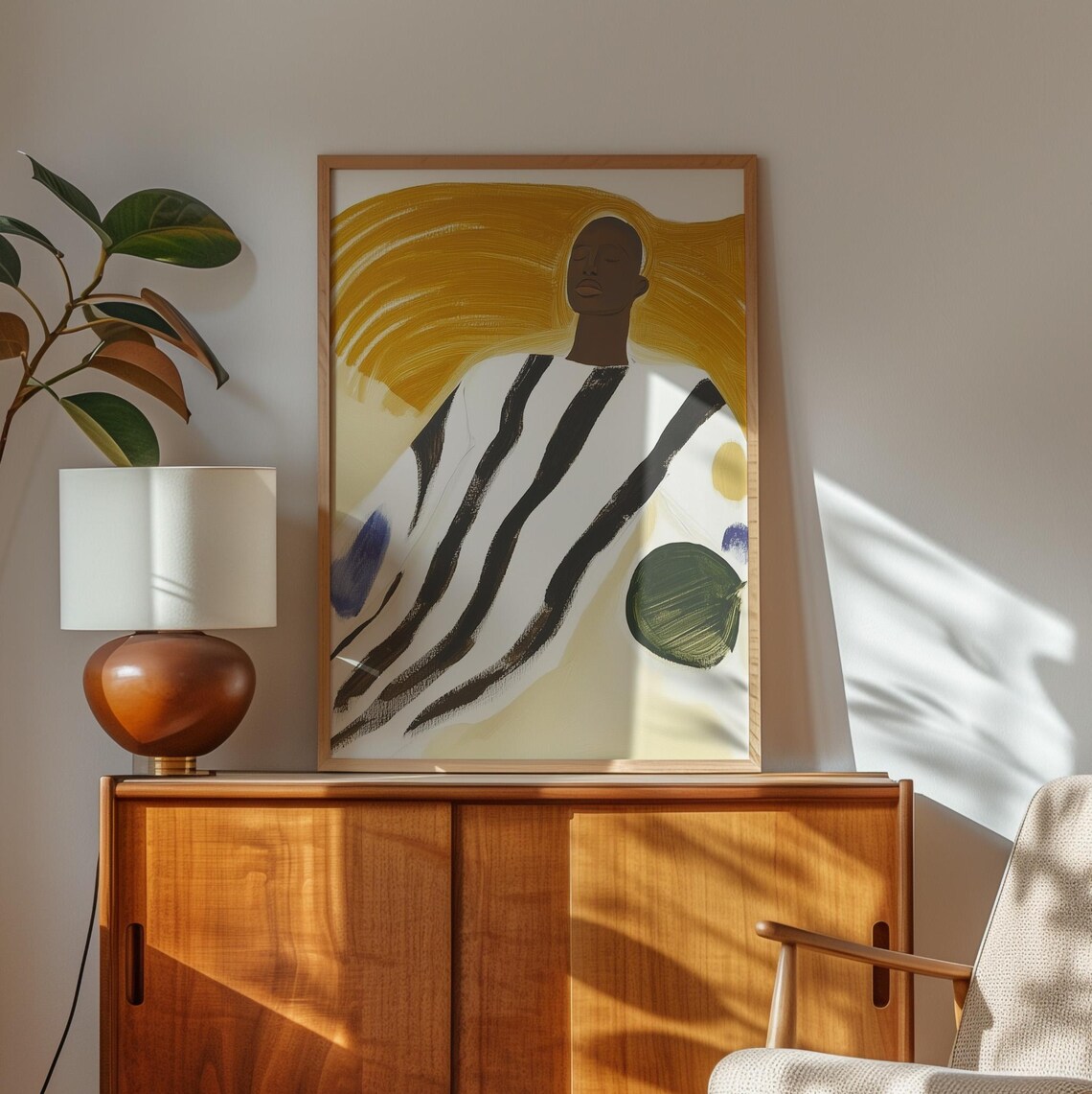Woman With Golden Halo Arches In Striped Robe Abstract Art Poster - Image 2