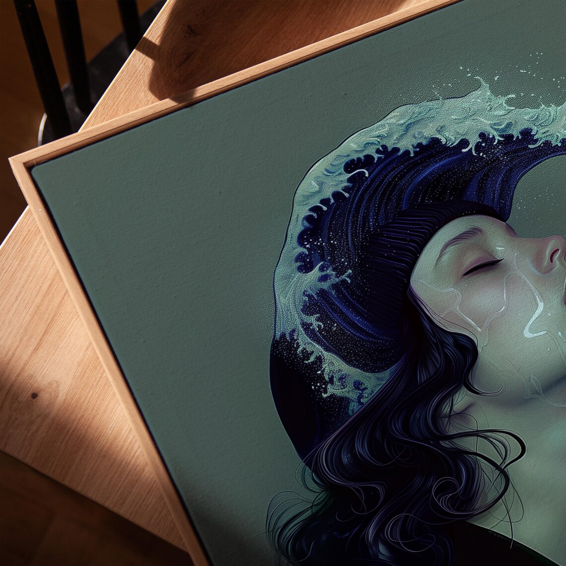 Surreal Woman Portrait With Crashing Ocean Wave In Dark Blue Poster - Image 2