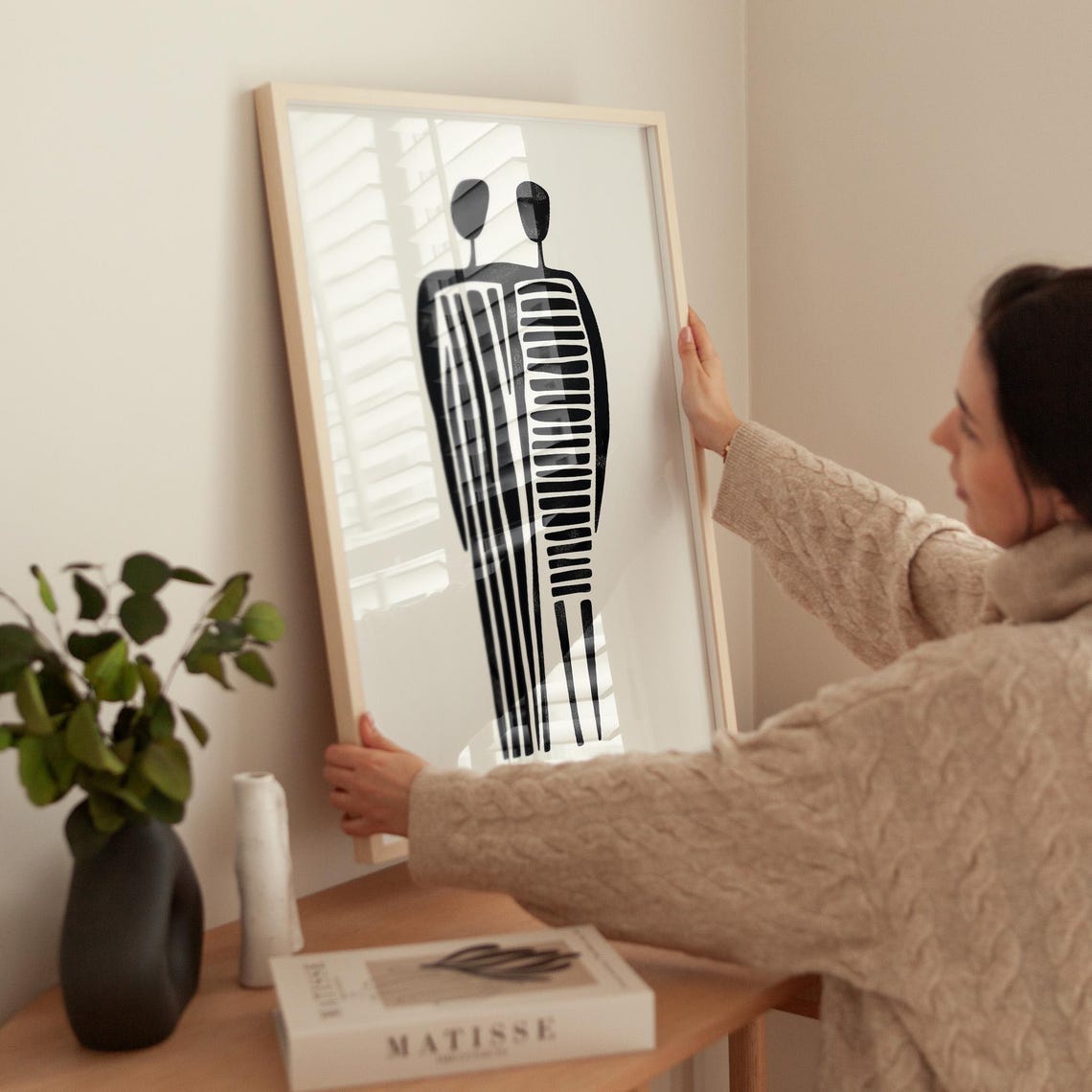 Minimalist Couple Figures Black White Abstract Linocut Style Poster - Image 4