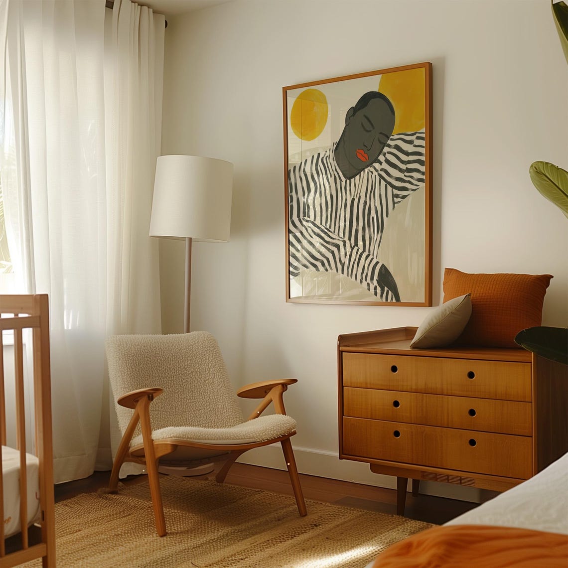 Abstract Portrait Wall Art Sleeping Figure With Bold Sun Modern Striped Shirt Artwork Minimalist Black And White Print Serene Home Decor - Image 4