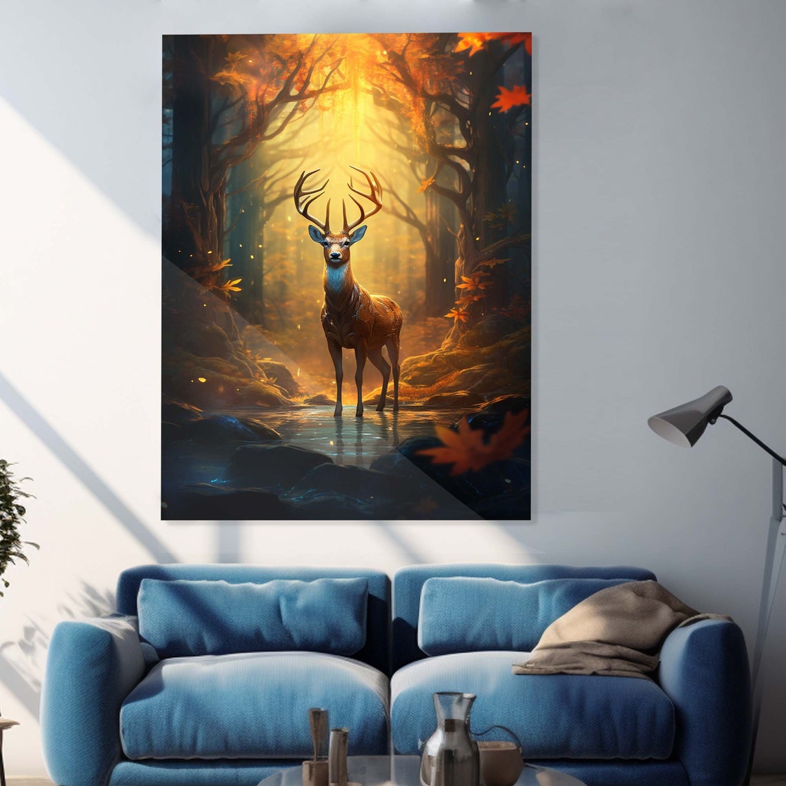 Majestic Stag Deer Golden Autumn Forest Stream Wildlife Wall Art