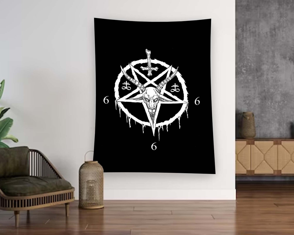 Black Occult Pentagram Baphomet Goat Head Satanic Tapestry Wall Art - Image 3