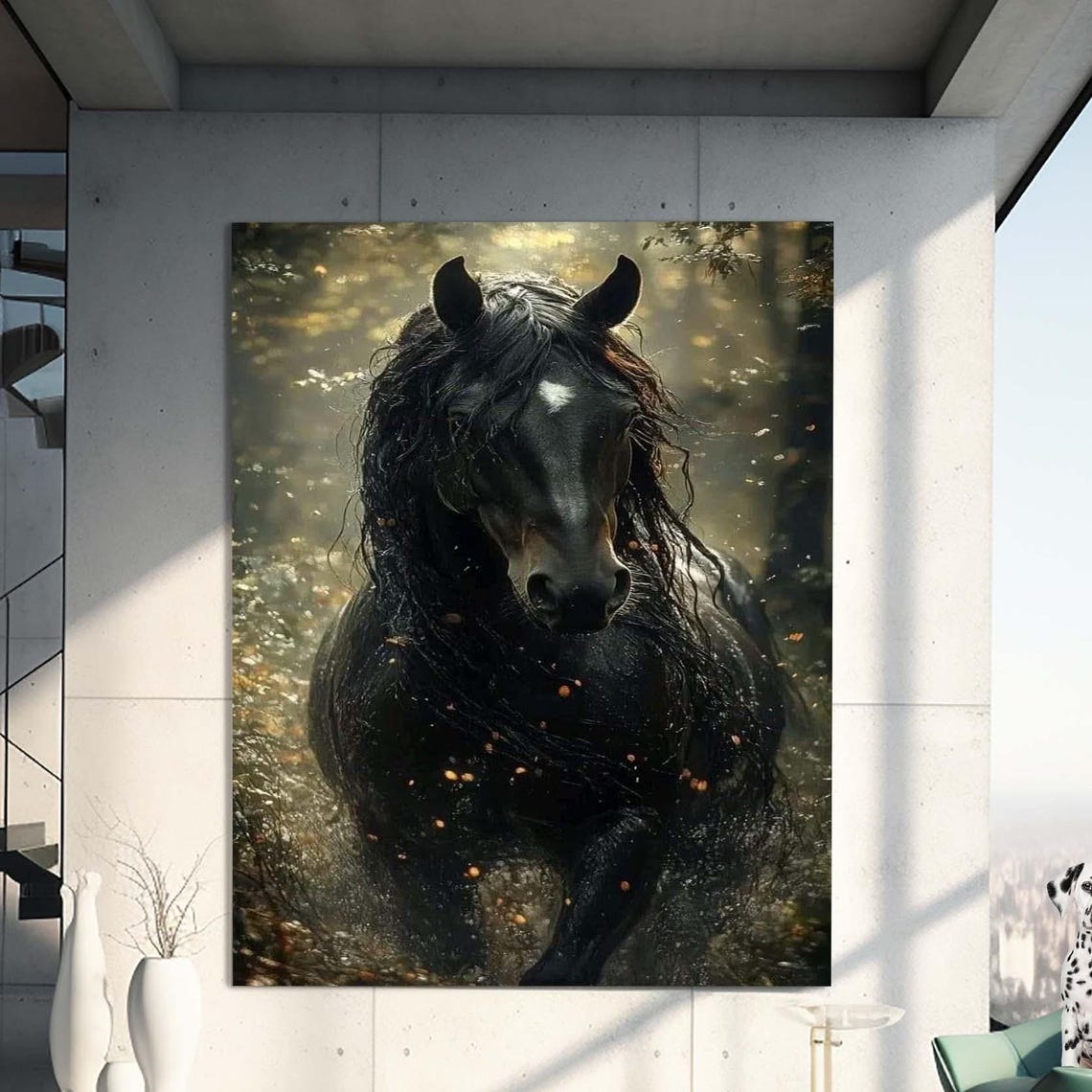 Black Horse Portrait Golden Light Dark Mystical Forest Scene Poster