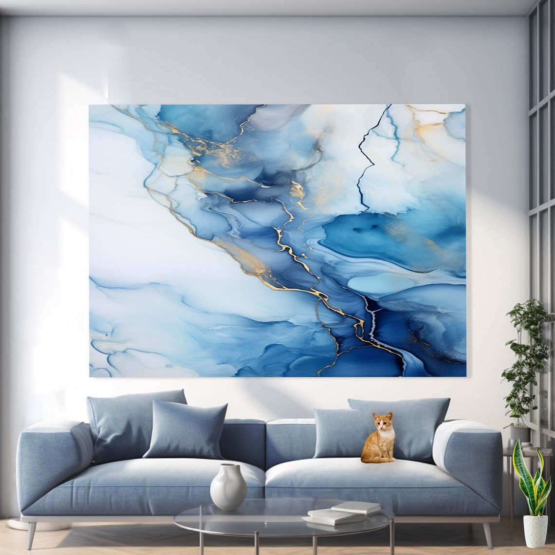 Blue White and Gold Abstract Marble Fluid Ink Wall Art Poster - Image 3