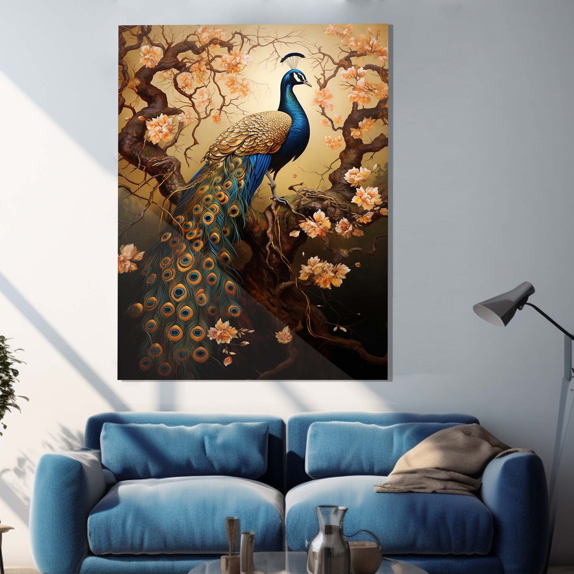 Gorgeous Peacock Blossoming Branch Gold Tones Bird Plumage Art Poster - Image 3