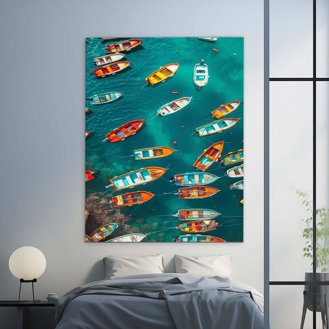 Aerial View Of Colorful Boats Anchored In Turquoise Water Coastal Art - Image 2