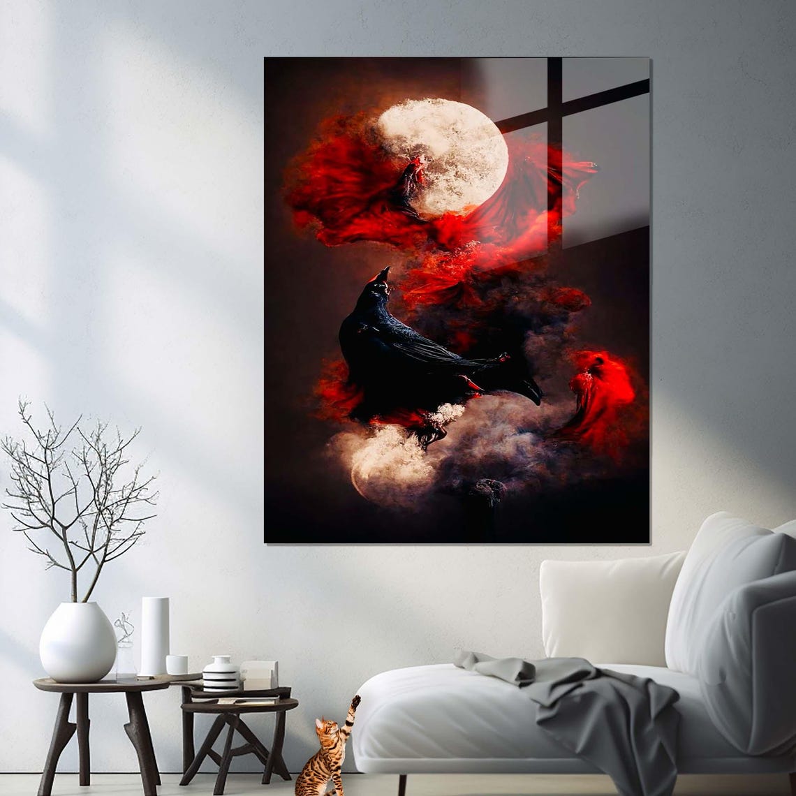 Black Raven Red Smoke Full Moon Gothic Dark Fantasy Art Poster - Image 2