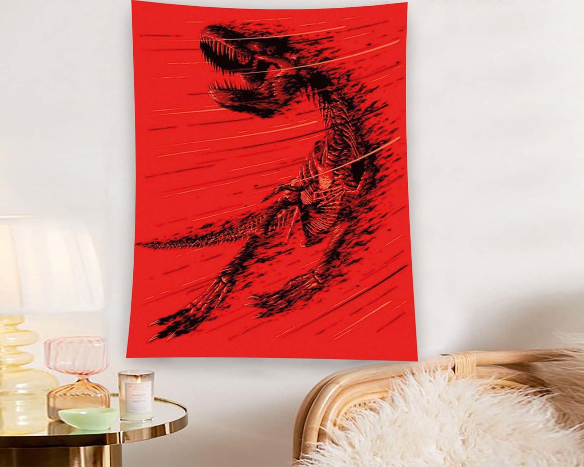 Red T-Rex Dinosaur Skeleton Grunge Speed Lines Tapestry Wall Art - Image 2