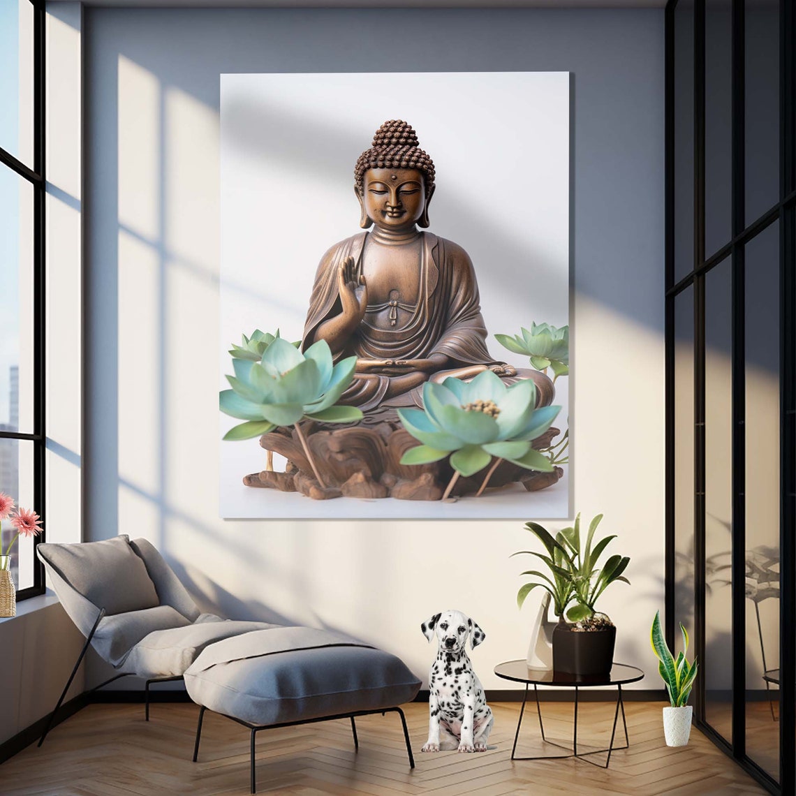 Bronze Buddha Statue Meditation with Teal Lotus Flowers Wall Art - Image 3