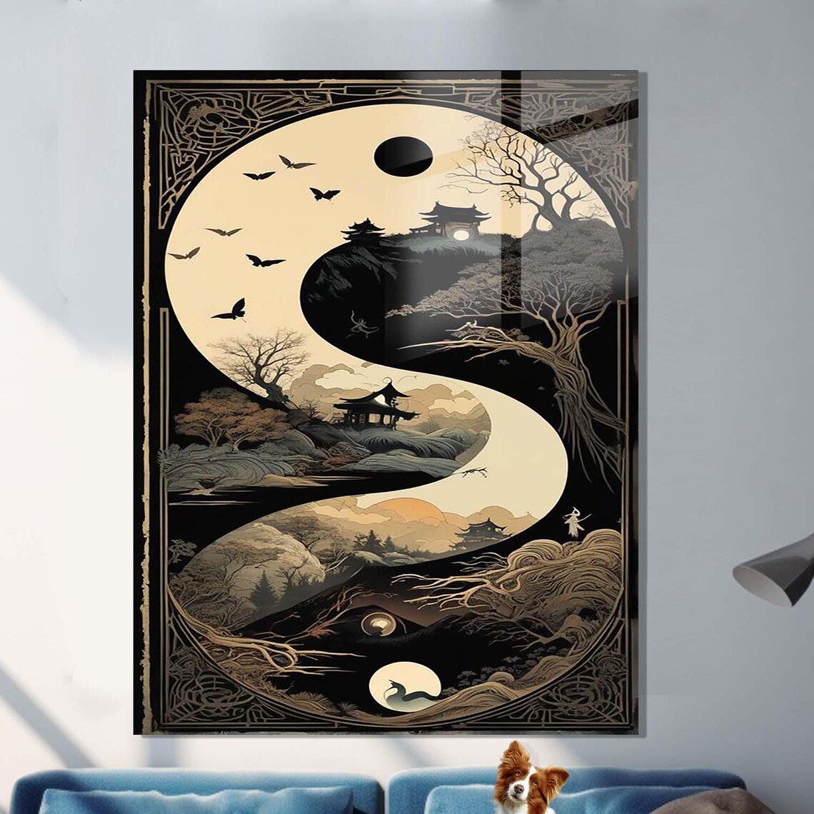 Yin Yang Japanese Landscape With Pagoda Moon And Birds Black Gold Art