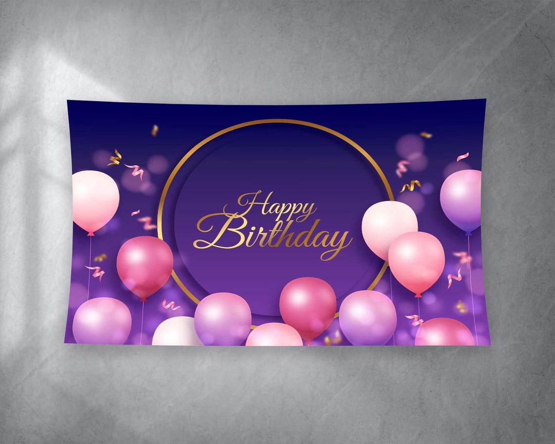 Happy Birthday Pink Purple Balloons Gold Script Party Tapestry Poster