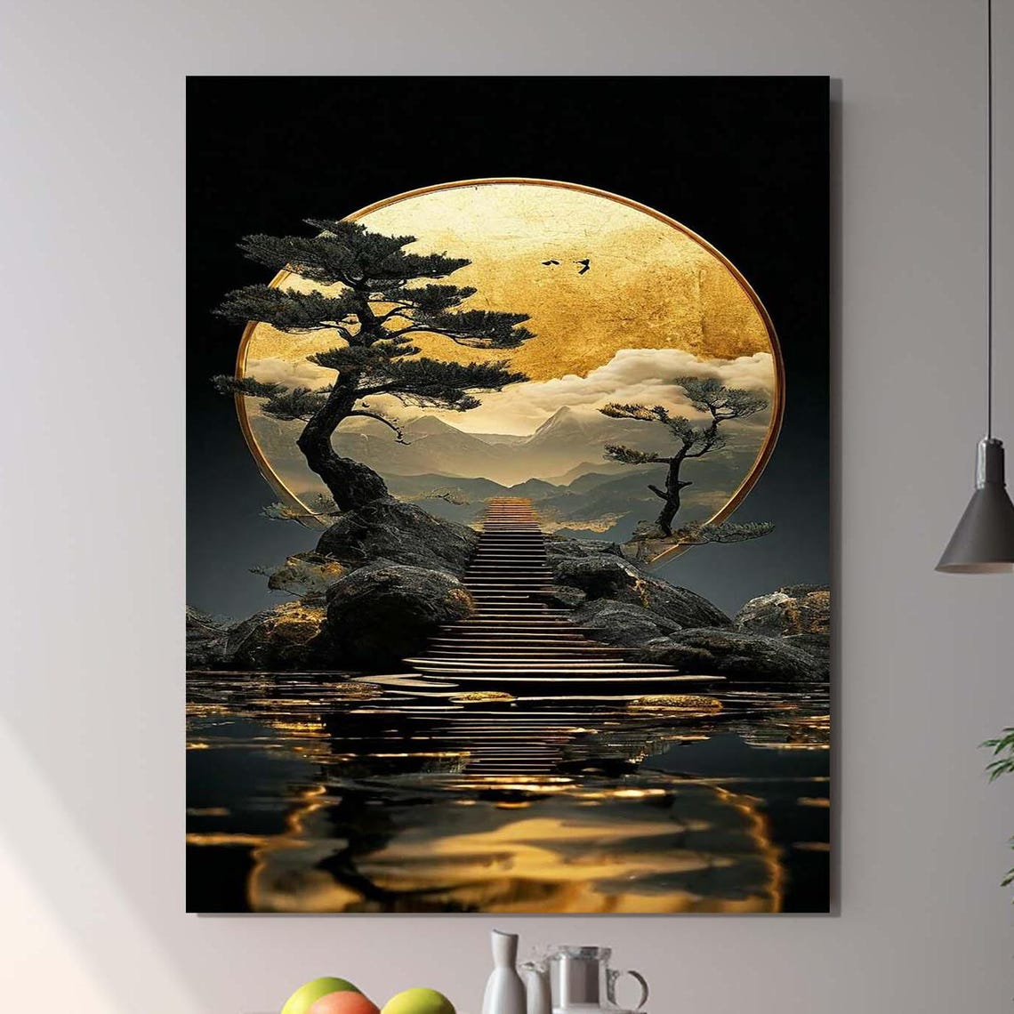 Golden Full Moon Behind Pine Trees On Rocky Island Staircase Wall Art