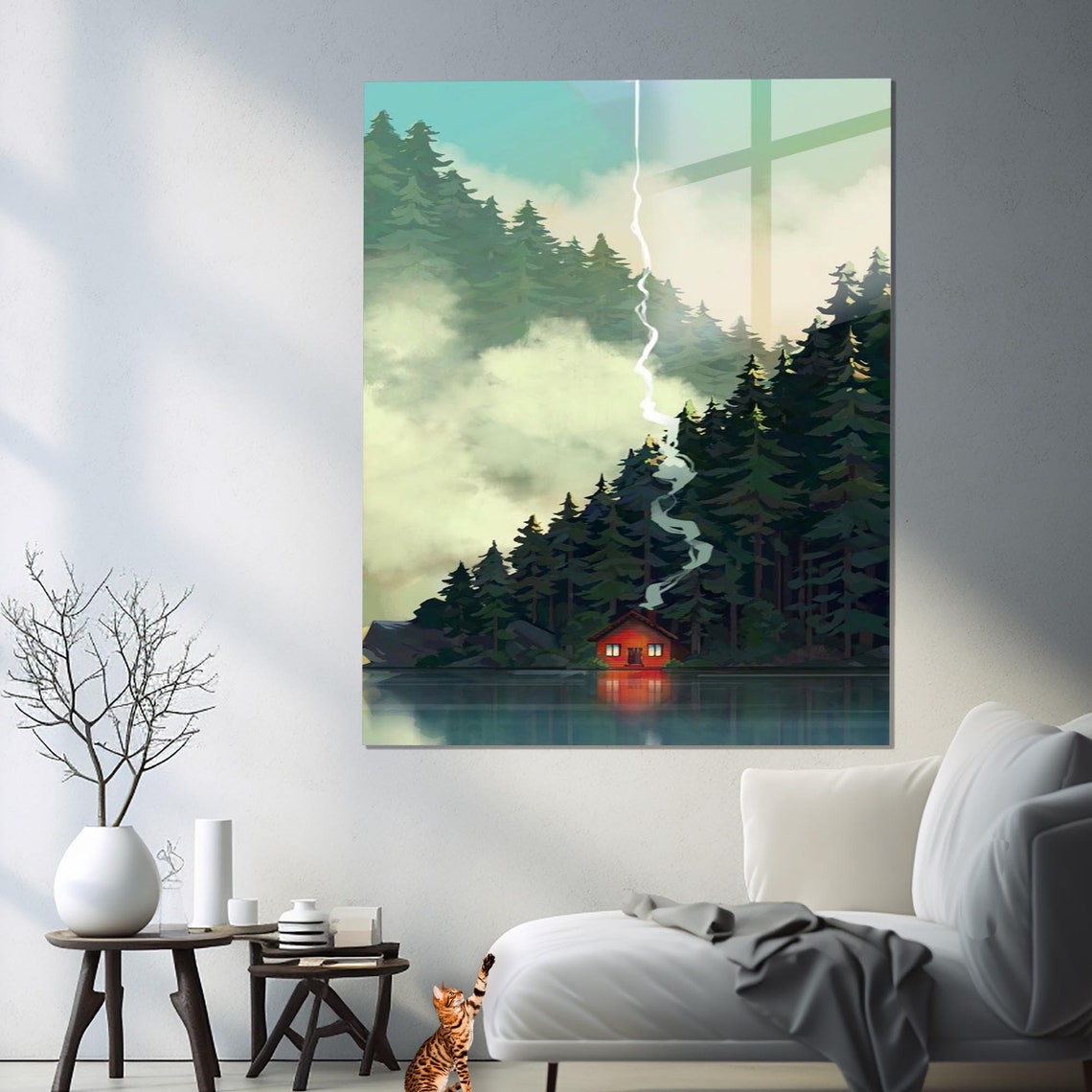 Misty Lake Red Cabin Evergreen Forest Serene Reflection Travel Poster - Image 2