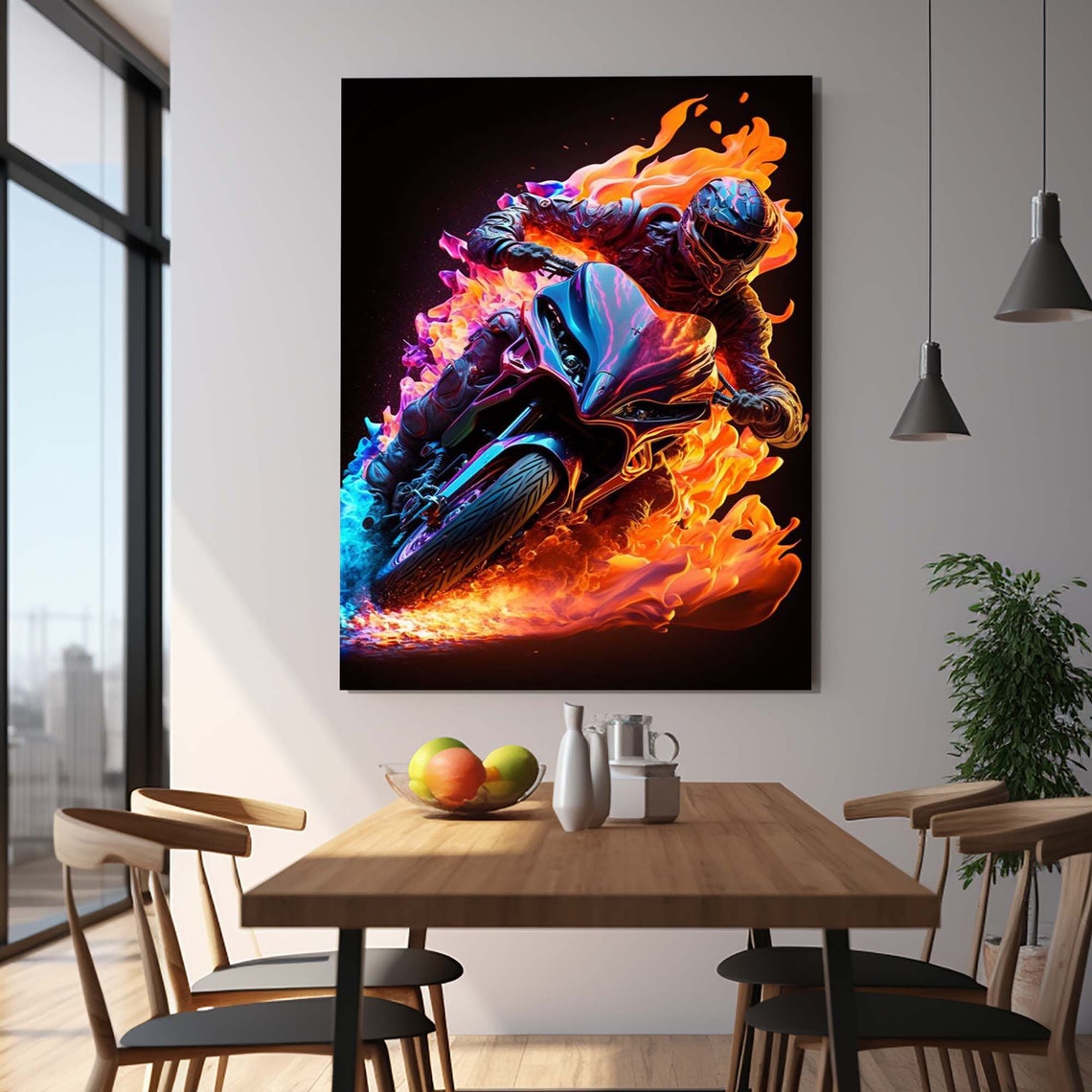 Neon Flame Motorcycle Racer Speed Fire Sport Wall Art Poster - Image 2