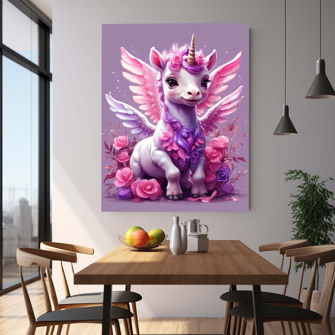 Cute Baby Winged Unicorn Pink Purple Mane Roses Fantasy Wall Art - Image 3