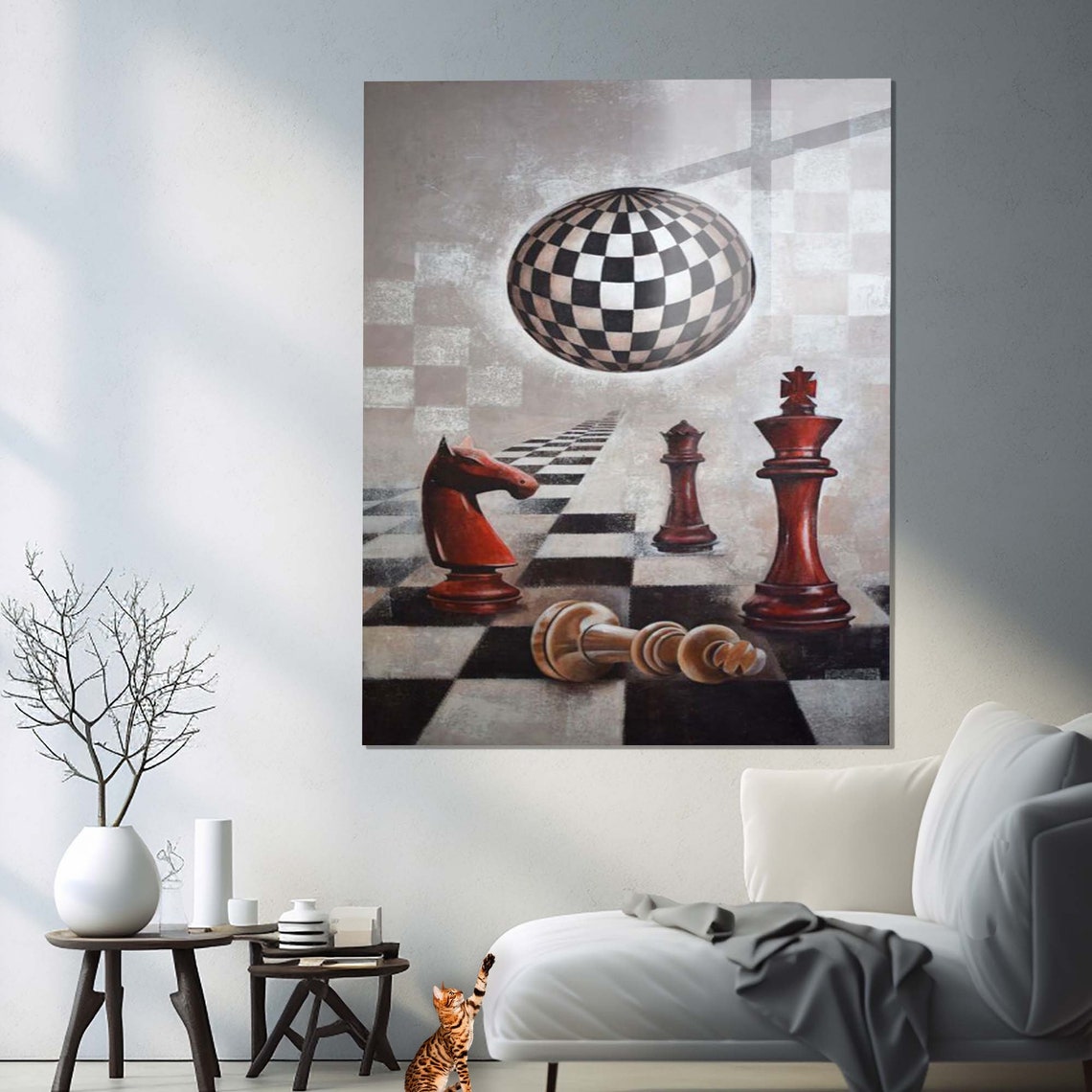 Surreal Chess Pieces Floating Checkered Ball 3D Board Wall Art - Image 3