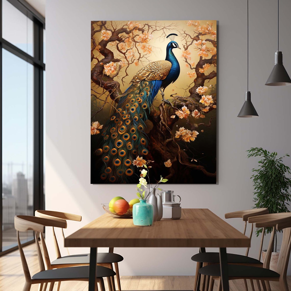 Gorgeous Peacock Blossoming Branch Gold Tones Bird Plumage Art Poster - Image 2