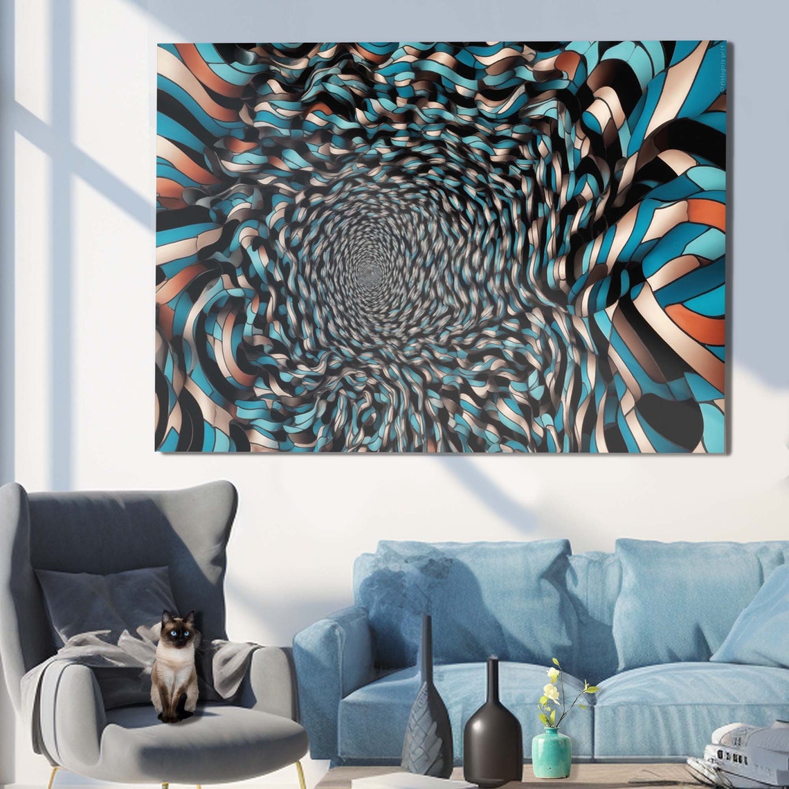 Teal Black Beige Wavy Ribbon Square Tunnel Optical Illusion Wall Art - Image 3