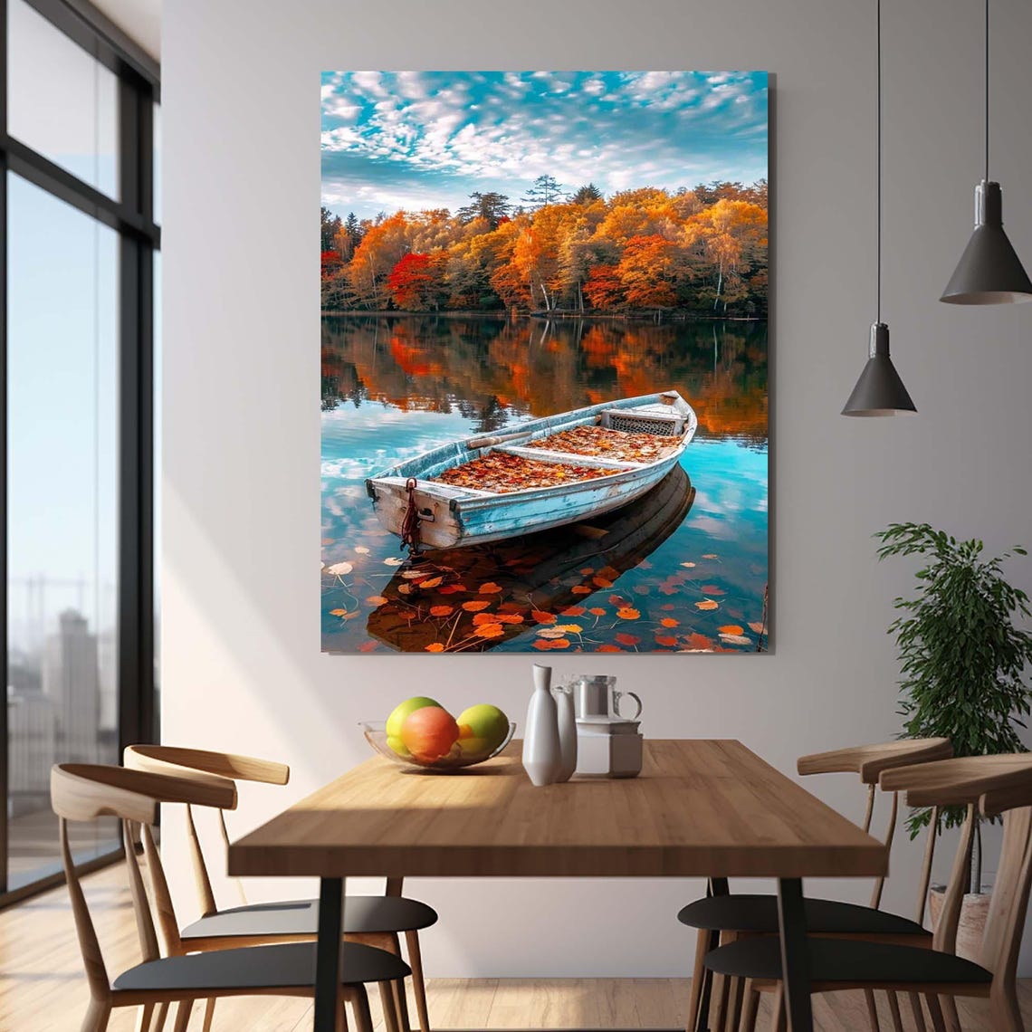 Single White Rowboat On Autumn Lake With Colorful Fall Reflection Art - Image 3