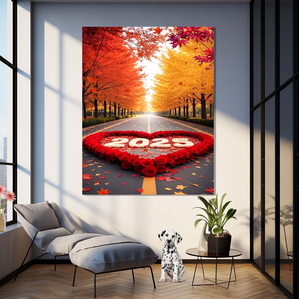 2025 Red Rose Heart Autumn Maple Tree Road Love Romantic Wall Art - Image 3