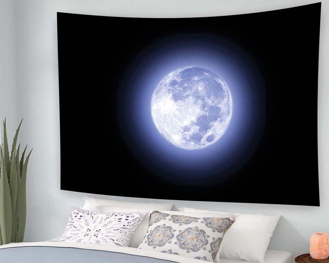 Full Moon Blue Glow Night Sky Minimalist Black Bedroom Tapestry Poster