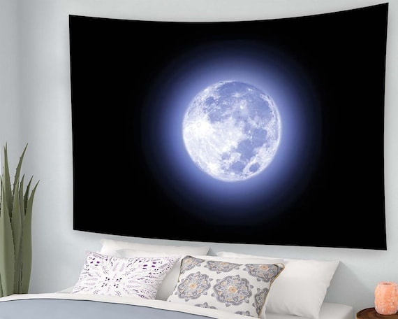Full Moon Blue Glow Night Sky Minimalist Black Bedroom Tapestry Poster