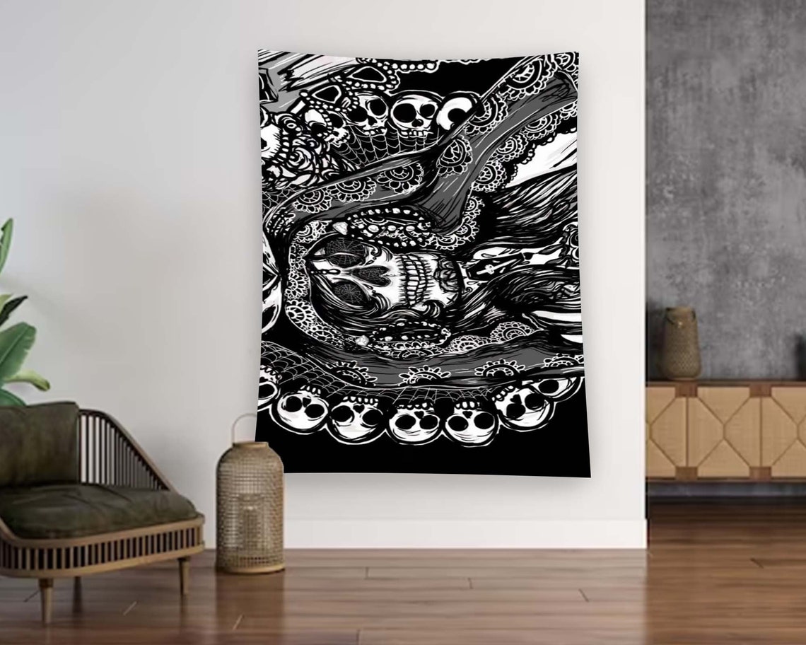 Black White Gothic Snake Skull Spiderweb Horror Tapestry Wall Art