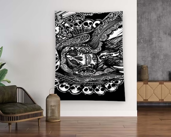 Black White Gothic Snake Skull Spiderweb Horror Tapestry Wall Art
